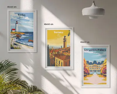 Set of 3 framed wall art pieces featuring coastal city views