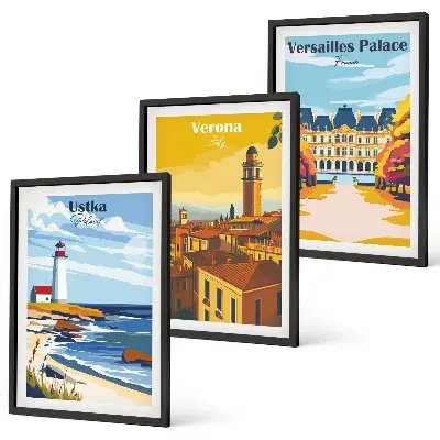 Set of 3 framed wall art pieces featuring coastal city views