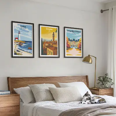 Set of 3 framed wall art pieces featuring coastal city views