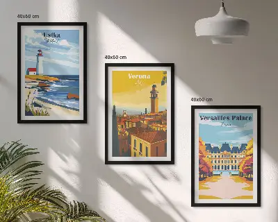 Set of 3 framed wall art pieces featuring coastal city views
