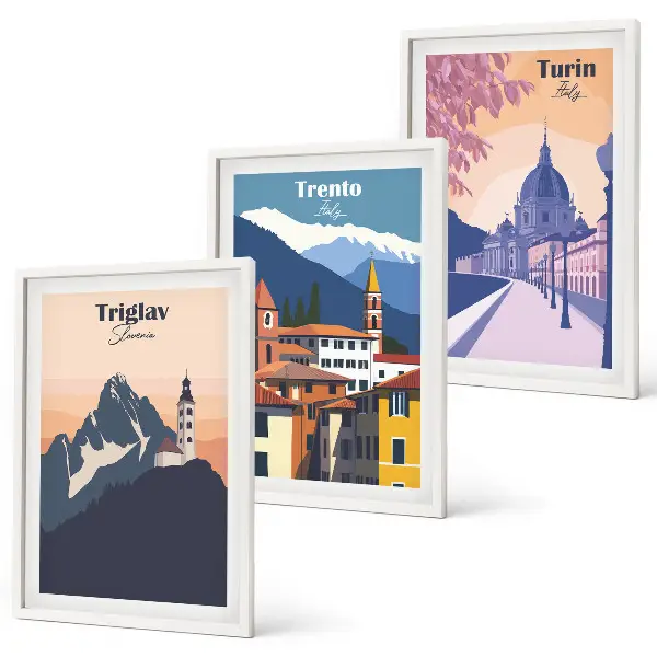 Wall art set mountains and architecture retro illustrations