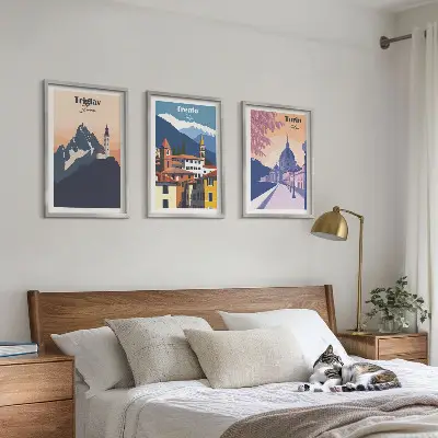 Wall art set mountains and architecture retro illustrations