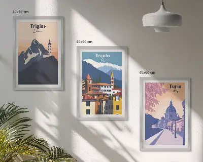 Wall art set mountains and architecture retro illustrations