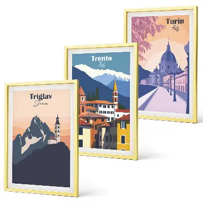 Wall art set mountains and architecture retro illustrations
