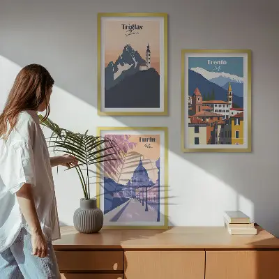 Wall art set Mountains architecture retro illustrations