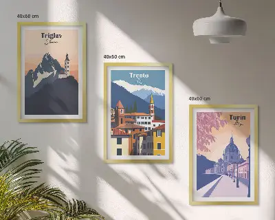 Wall art set mountains and architecture retro illustrations