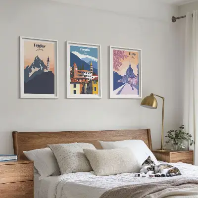 Wall art set mountains and architecture retro illustrations