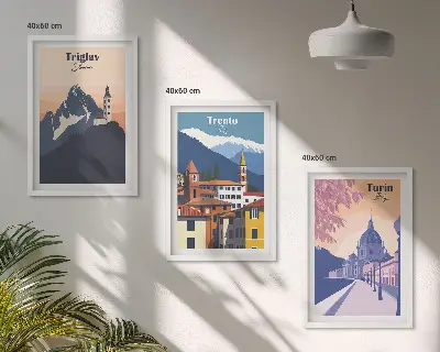 Wall art set mountains and architecture retro illustrations