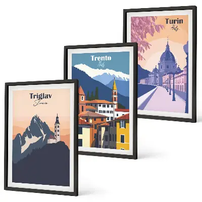 Wall art set mountains and architecture retro illustrations