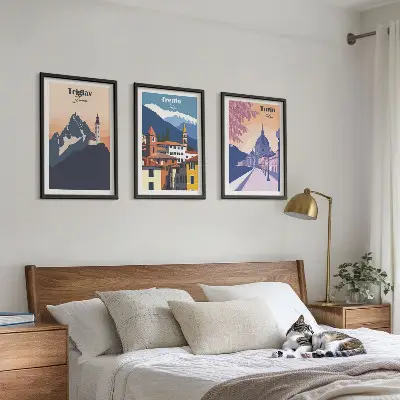 Wall art set mountains and architecture retro illustrations