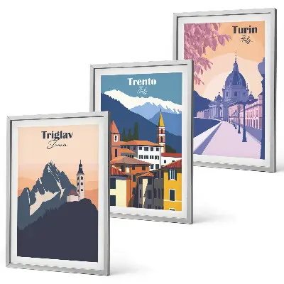 Wall art set mountains and architecture retro illustrations