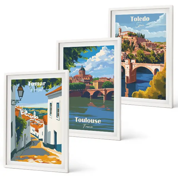 Three-piece wall art set featuring retro city graphics