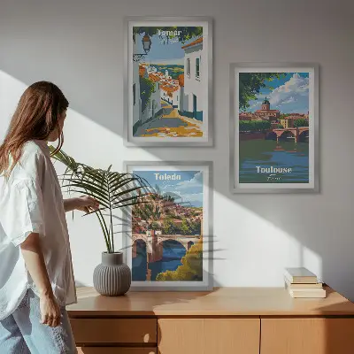 Three-piece wall art set featuring retro city graphics