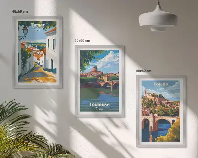 Three-piece wall art set featuring retro city graphics