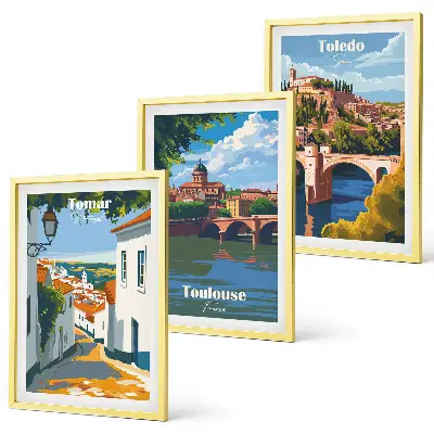 Three-piece wall art set featuring retro city graphics