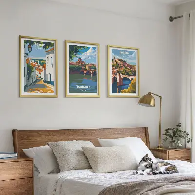 Three-piece wall art set featuring retro city graphics
