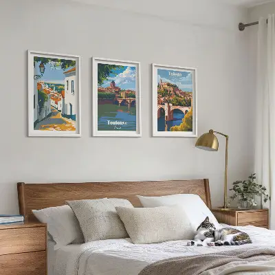 Three-piece wall art set featuring retro city graphics