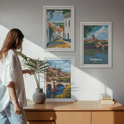 Three-piece wall art set featuring retro city graphics