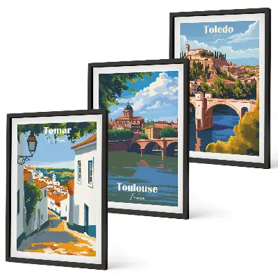 Three-piece wall art set featuring retro city graphics