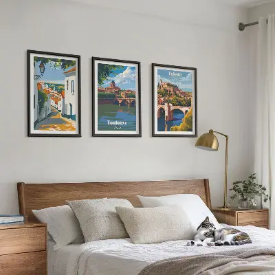 Three-piece wall art set featuring retro city graphics