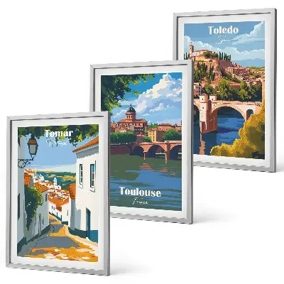Three-piece wall art set featuring retro city graphics