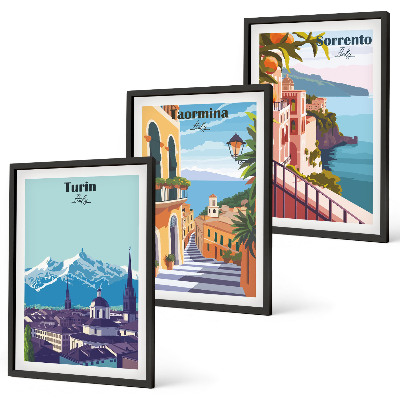 Three-piece wall art piece Colorful retro cityscapes
