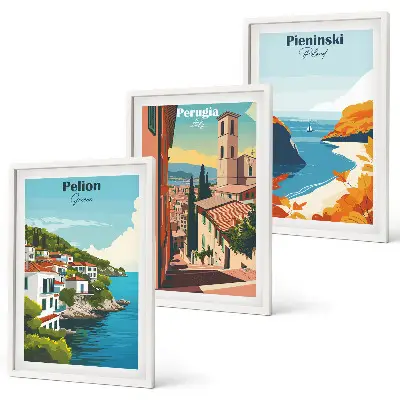 Set of 3 framed wall art pieces featuring picturesque retro landscapes