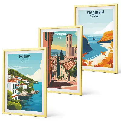 Set of 3 framed wall art pieces featuring picturesque retro landscapes
