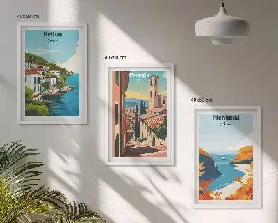 Set of 3 framed wall art pieces featuring picturesque retro landscapes