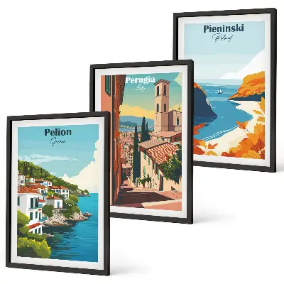 Set of 3 framed wall art pieces Picturesque retro landscapes