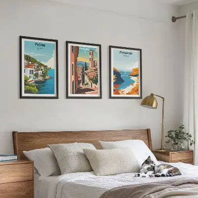 Set of 3 framed wall art pieces featuring picturesque retro landscapes