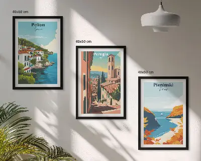Set of 3 framed wall art pieces featuring picturesque retro landscapes