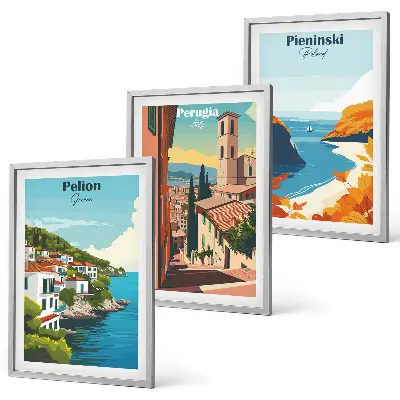 Set of 3 framed wall art pieces featuring picturesque retro landscapes