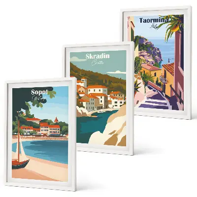 Seaside town wall art set illustrations in a matching collection