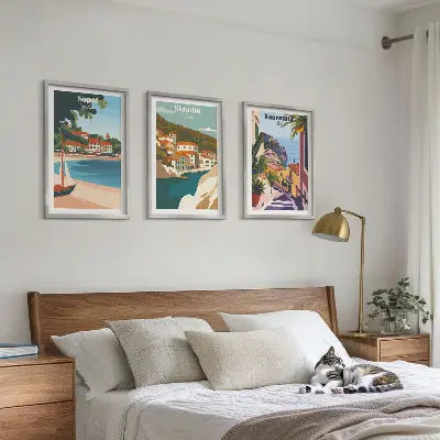 Seaside town wall art set illustrations in a matching collection