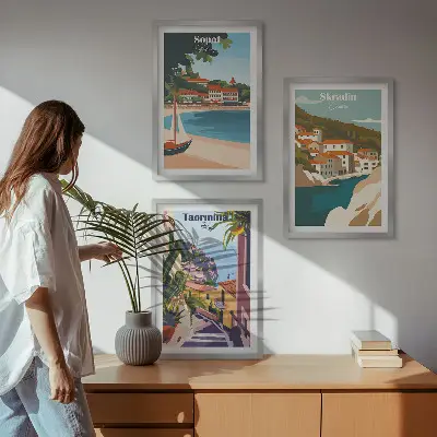 Seaside town wall art set illustrations in a matching collection