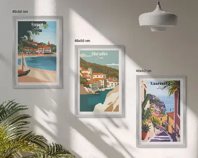 Seaside town wall art set illustrations in a matching collection