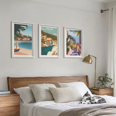 Seaside town wall art set illustrations in a matching collection