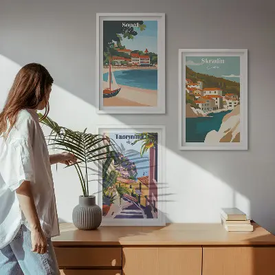 Seaside town wall art set illustrations in a matching collection
