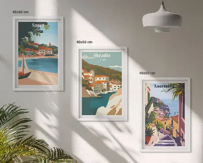 Seaside town wall art set illustrations in a matching collection