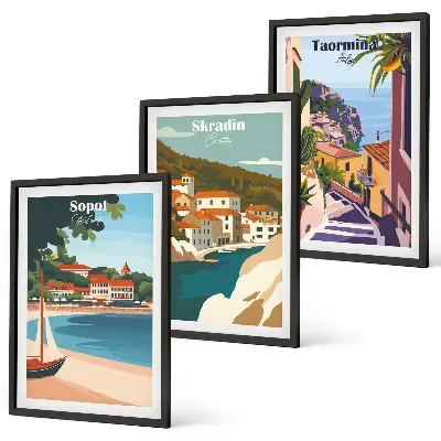 Seaside town wall art set illustrations in a matching collection