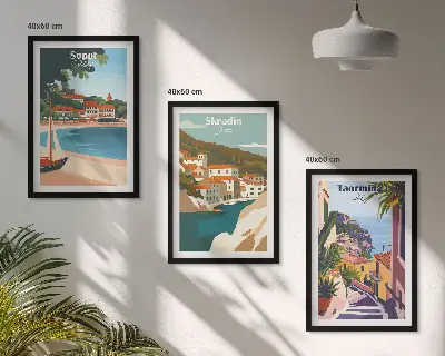 Seaside town wall art set illustrations in a matching collection