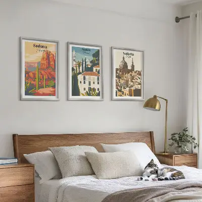 Three-piece wall art set featuring views of Sedona, Sintra, and Valletta in a retro style