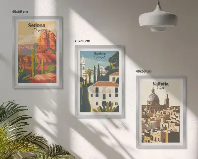 Three-piece wall art set featuring views of Sedona, Sintra, and Valletta in a retro style