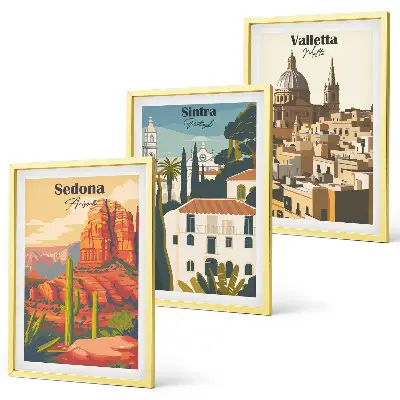 Three-piece wall art set featuring views of Sedona, Sintra, and Valletta in a retro style