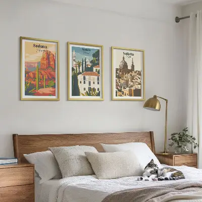 Three-piece wall art set featuring views of Sedona, Sintra, and Valletta in a retro style