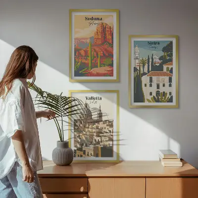 Three-piece wall art set featuring views of Sedona, Sintra, and Valletta in a retro style