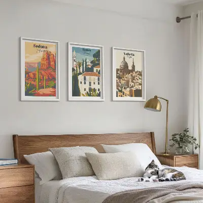 Three-piece wall art set featuring views of Sedona, Sintra, and Valletta in a retro style