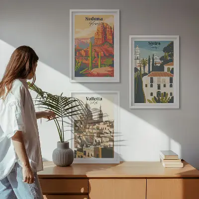 Three-piece wall art set featuring views of Sedona, Sintra, and Valletta in a retro style