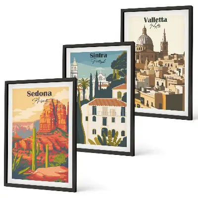 Three-piece wall art set featuring views of Sedona, Sintra, and Valletta in a retro style